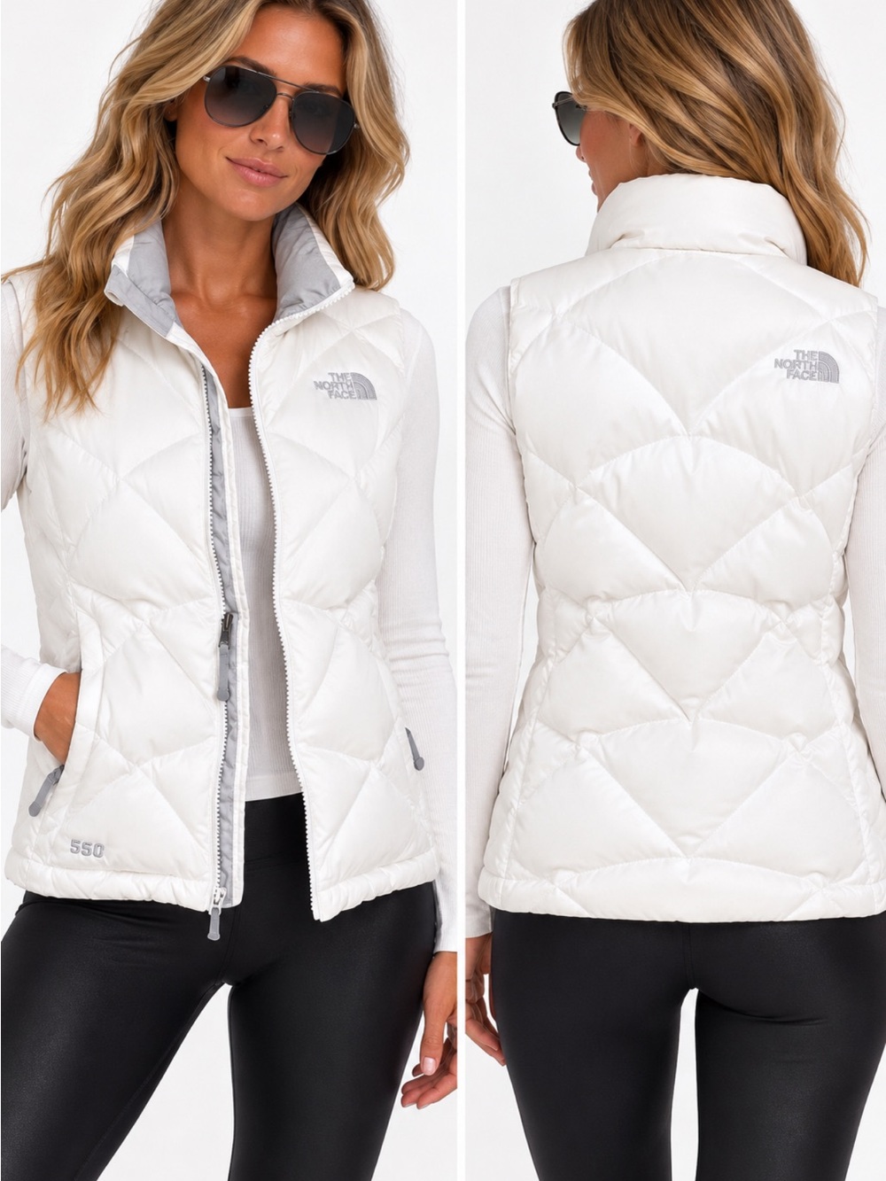 Quilted North Face Women's 550 Goose Down Puffer Vest white/silver/S/P
